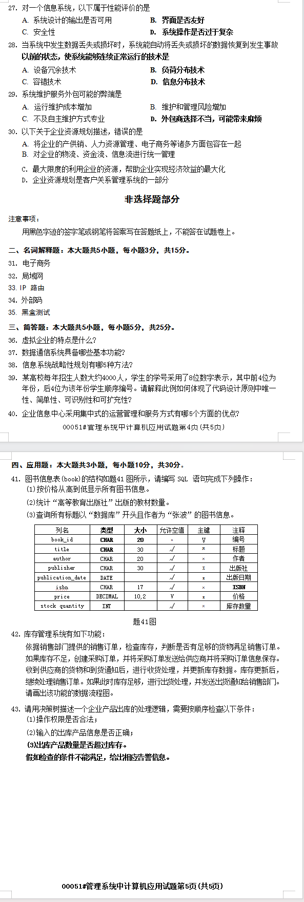 2024年4月四川自考00051管理系统中计算机应用真题